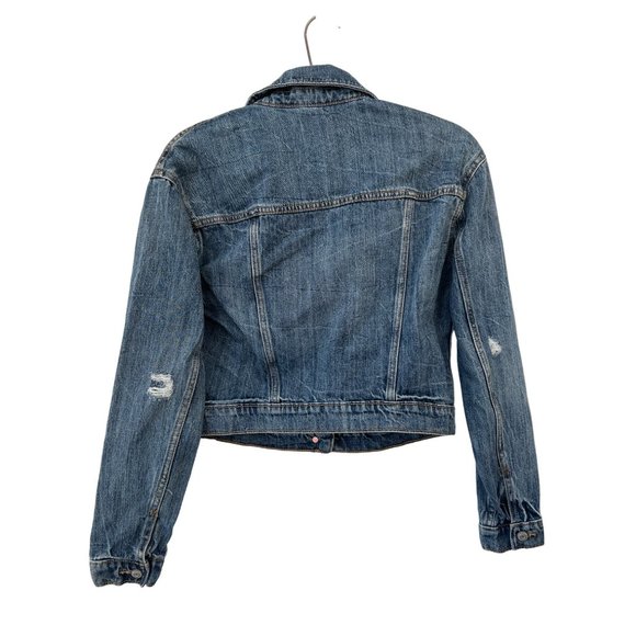 Old Navy Cropped Denim Jean Trucker Jacket Women XS Distressed Blue Chic Trendy - Picture 3 of 9